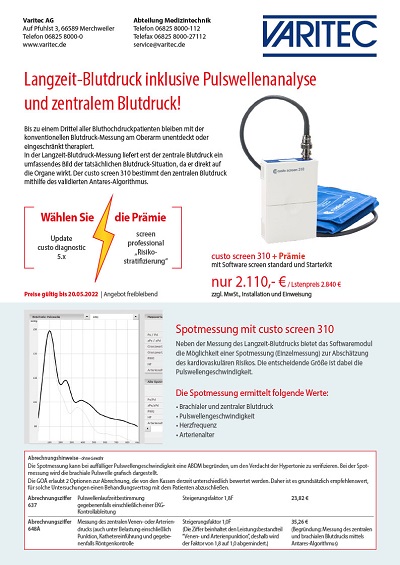 Angebot CUSTOmed Langzeit-Blutdruck-System screen 310 inklusive-Pulswellenanalyse-und-zentralem-Blutdruck