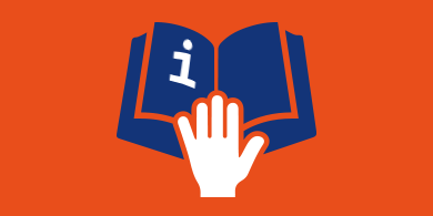 Symbol eines aufgeschlagenen Buchs mit einem Informationszeichen und einer Hand, die darauf zeigt