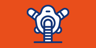 Blaues Symbol einer Atemmaske mit Schlauch auf orangefarbenem Hintergrund