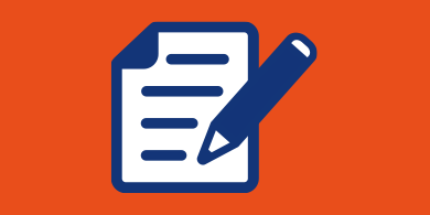 Blaues Formularsymbol mit Stift auf orangefarbenem Hintergrund