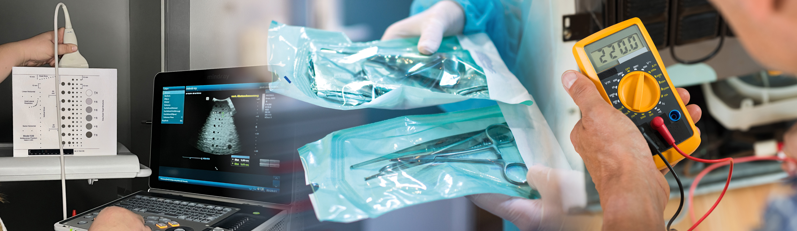 Drei Szenen: Ultraschallgerät mit Prüfkörper, medizinische Instrumente in sterilen Verpackungen, Person misst Spannung mit gelbem Multimeter
