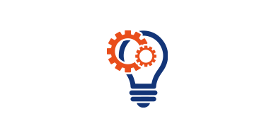 Innovation und Kompetenz Blaue Glühbirne mit zwei ineinander greifenden, orangefarbenen Zahnrädern
