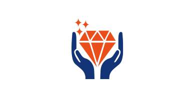 Nachhaltigkeit und Verantwortung Blaue Hände halten schützend einen orangefarbenen Diamanten