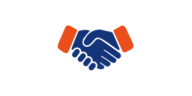 Langfristige Partnerschaft Blau-orange stilisierte Hände, die sich zum Händedruck treffen