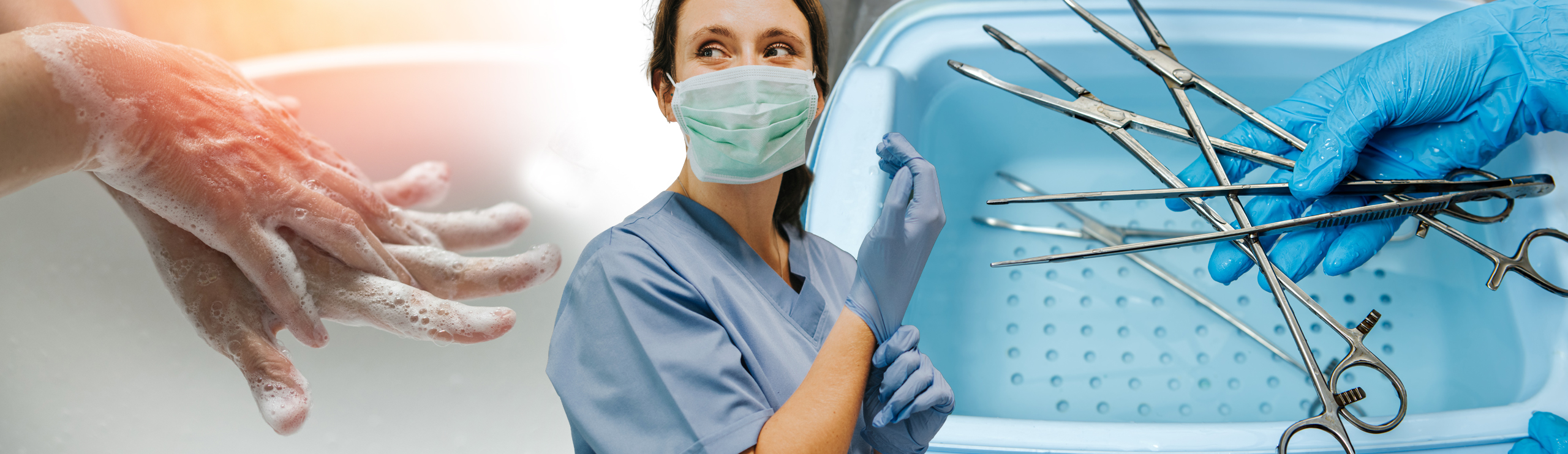 Links Hände werden mit Seife gewaschen, in der Mitte medizinische Fachkraft zieht Handschuhe an, rechts sterile chirurgische Instrumente in blauer Wanne