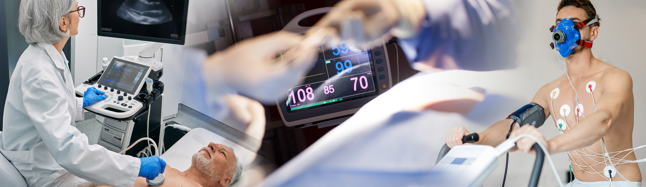 Älterer Mann bei Ultraschalluntersuchung des Herzens, Herzfrequenzanzeige und junger Mann mit Atemmaske und EKG-Elektroden bei Belastungstest