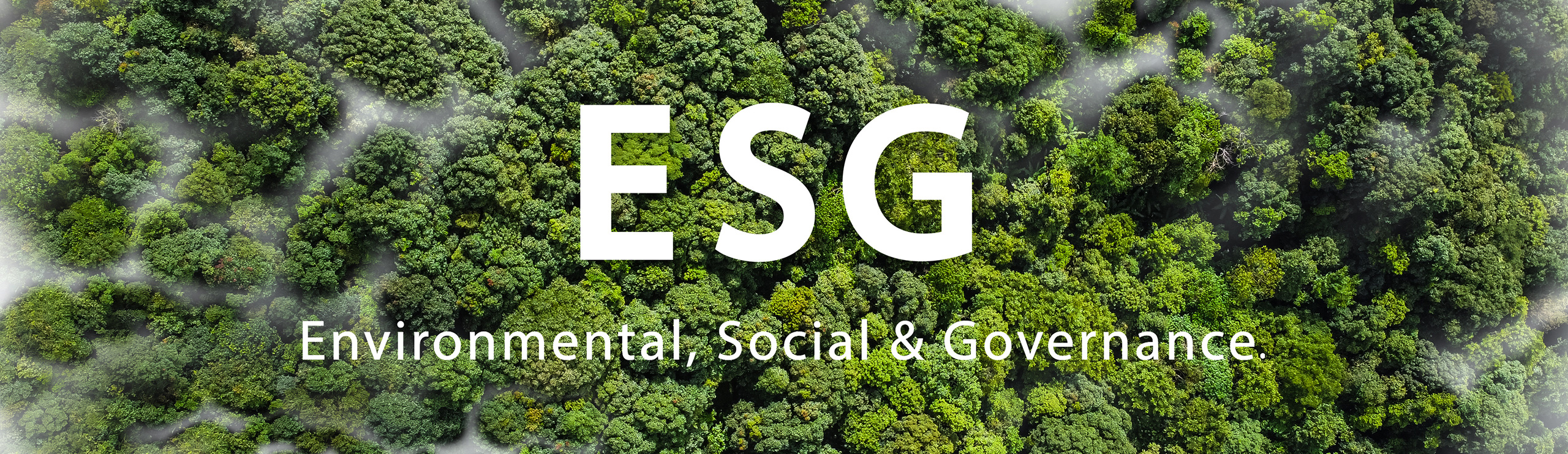 Luftaufnahme eines dichten grünen Waldes mit dem Text 'ESG Environmental, Social & Governance' in weißer Schrift