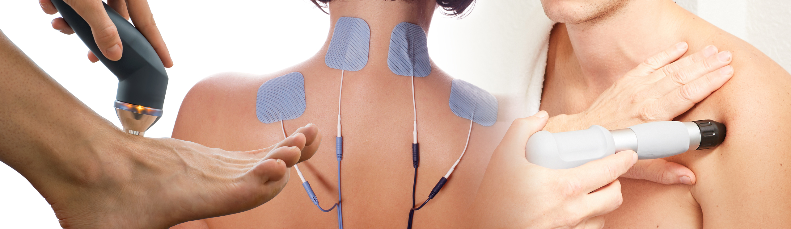 Behandlung mit physikalischer Therapie: Fuß mit Ultraschallgerät, Rücken mit Elektroden und Schulter mit Stoßwellengerät